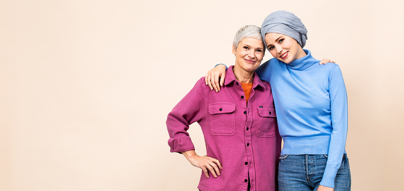 Grey-haired woman, a turbaned woman